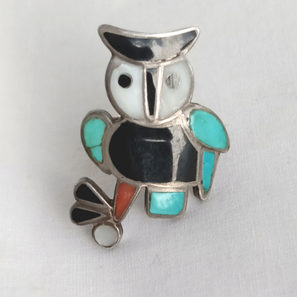 Zuni Large Owl Multi Stone Inlay Sterling Silver 925 Ring